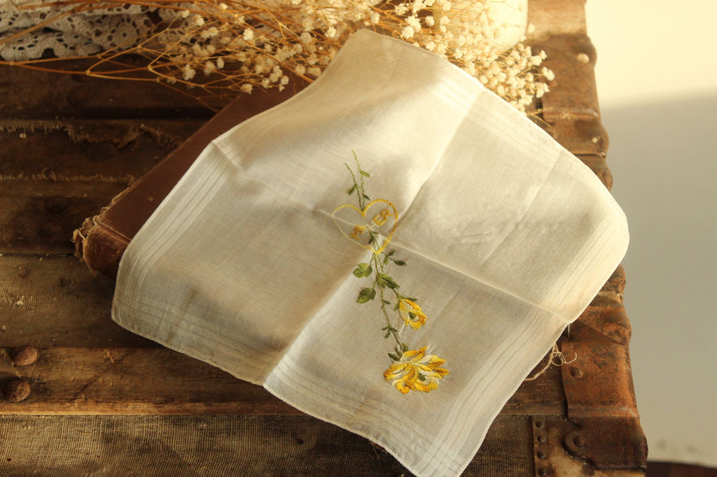 Vintage Handkerchief Embroidered with "Mother" and Yellow Roses