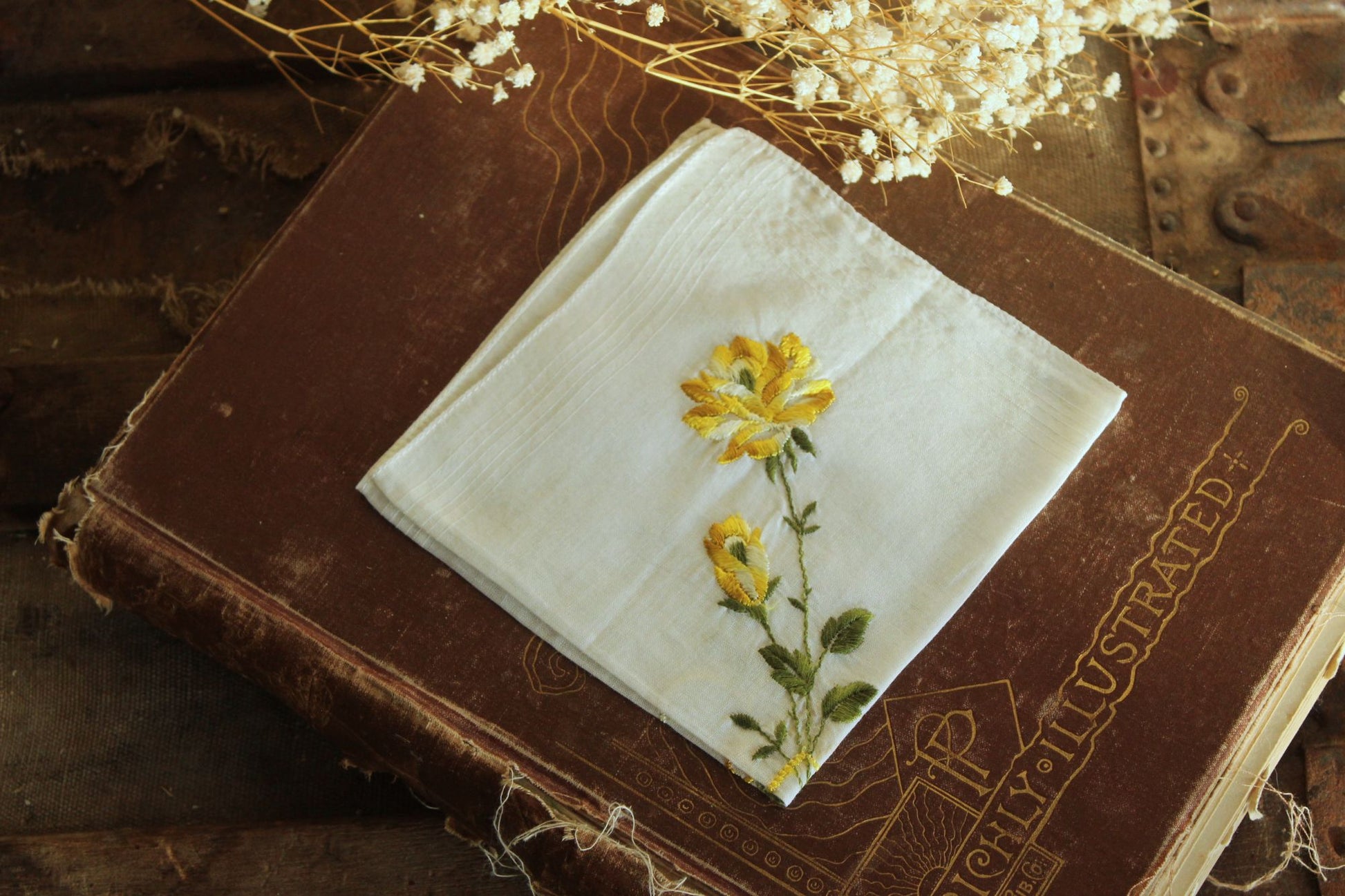 Vintage Handkerchief Embroidered with "Mother" and Yellow Roses