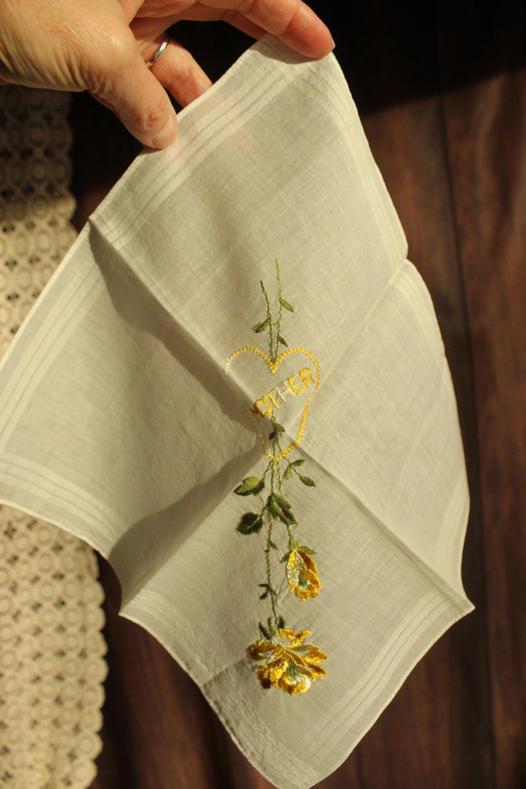 Vintage Handkerchief Embroidered with "Mother" and Yellow Roses