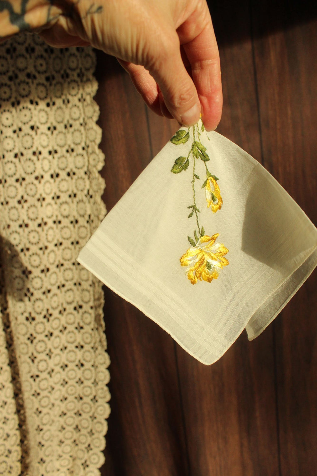 Vintage Handkerchief Embroidered with "Mother" and Yellow Roses