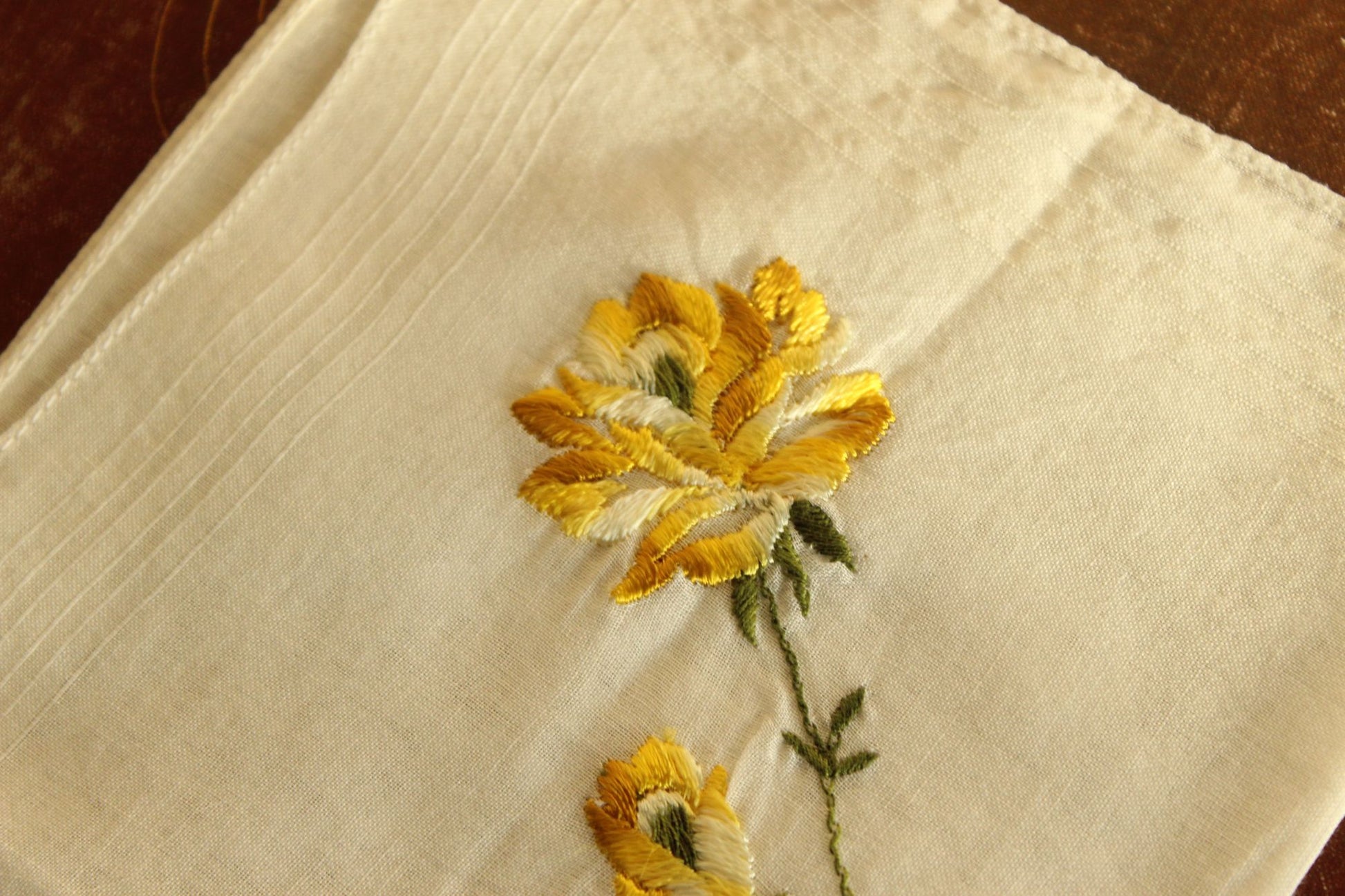 Vintage Handkerchief Embroidered with "Mother" and Yellow Roses