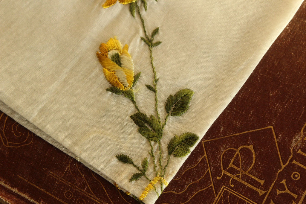 Vintage Handkerchief Embroidered with "Mother" and Yellow Roses