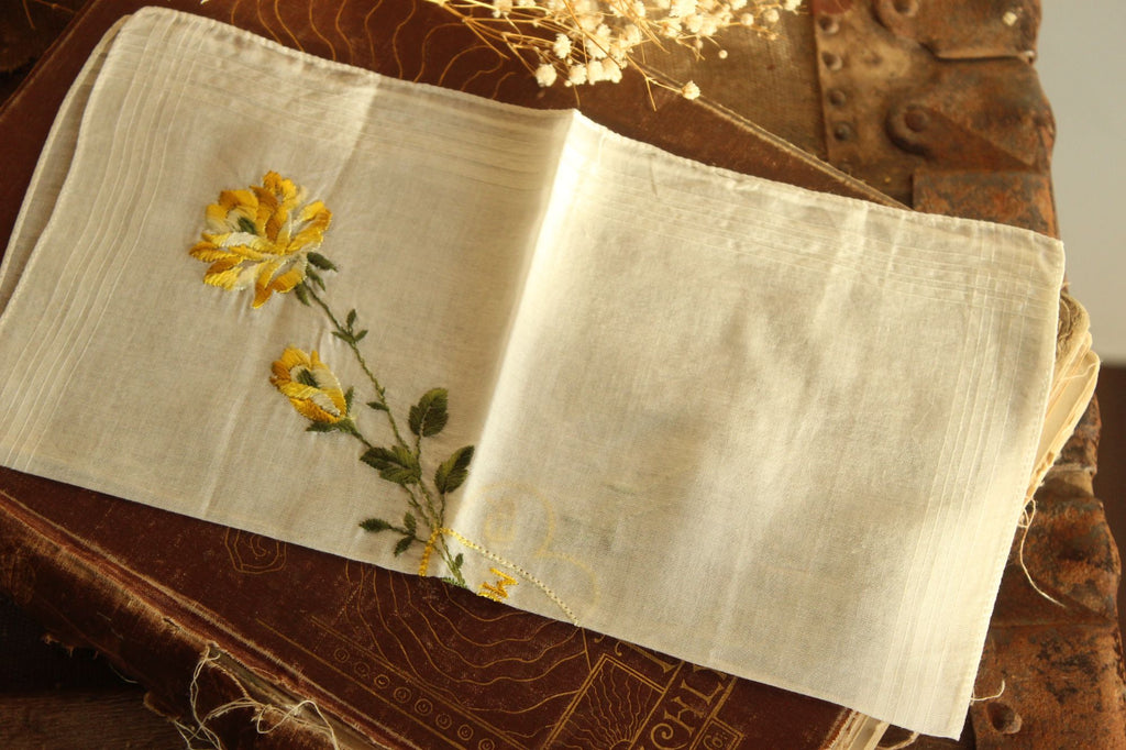 Vintage Handkerchief Embroidered with "Mother" and Yellow Roses