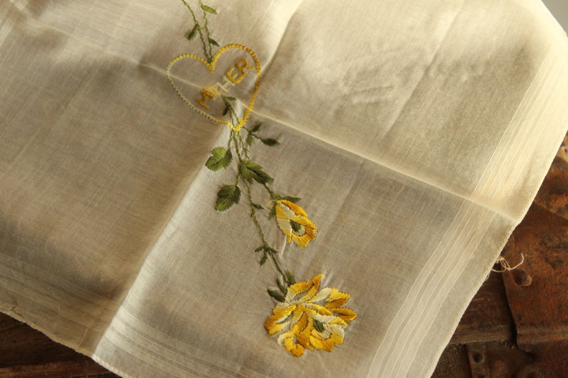Vintage Handkerchief Embroidered with "Mother" and Yellow Roses
