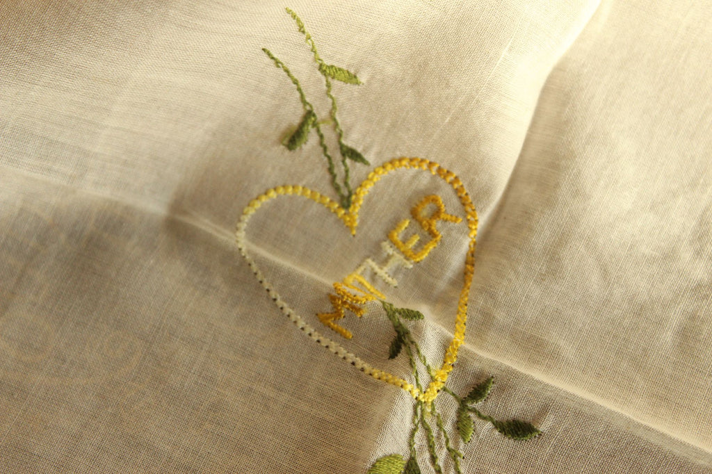 Vintage Handkerchief Embroidered with "Mother" and Yellow Roses