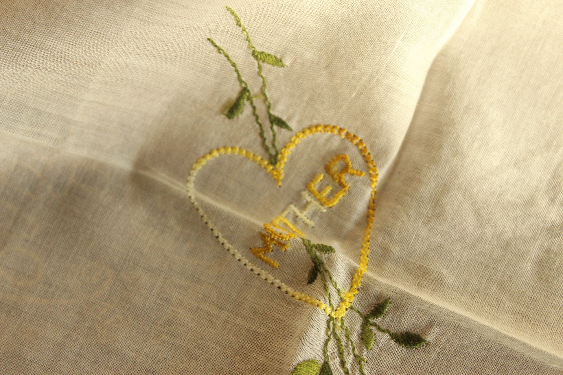 Vintage Handkerchief Embroidered with "Mother" and Yellow Roses