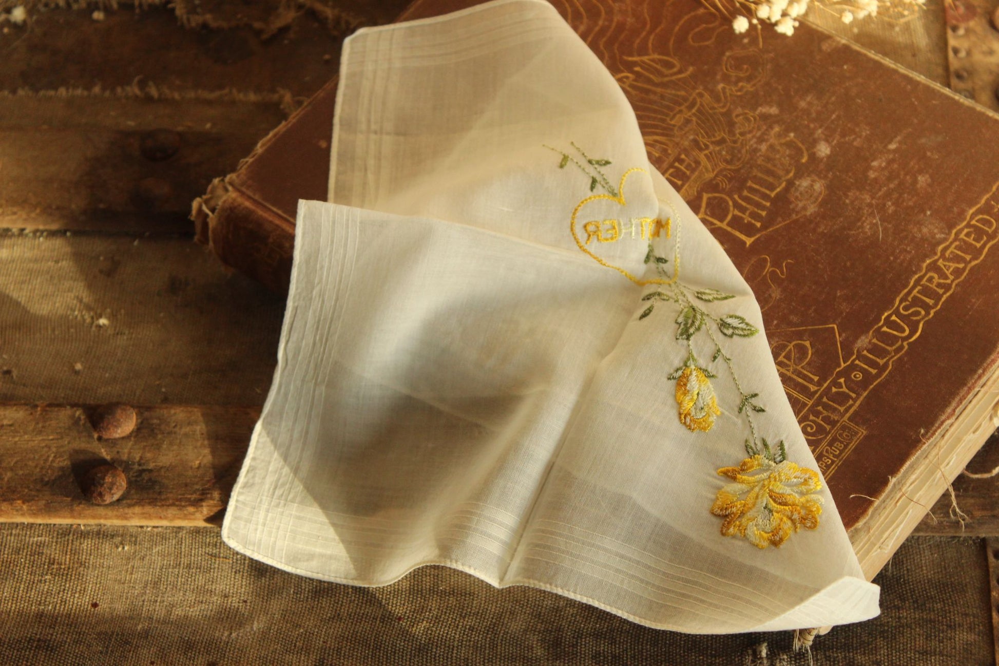Vintage Handkerchief Embroidered with "Mother" and Yellow Roses
