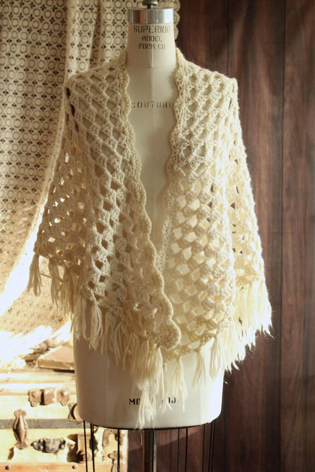 Vintage 1960s 1970s Shawl, Ivory Knit with Fringe Cape or Wrap