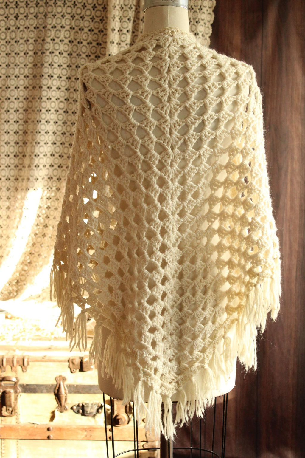 Vintage 1960s 1970s Shawl, Ivory Knit with Fringe Cape or Wrap