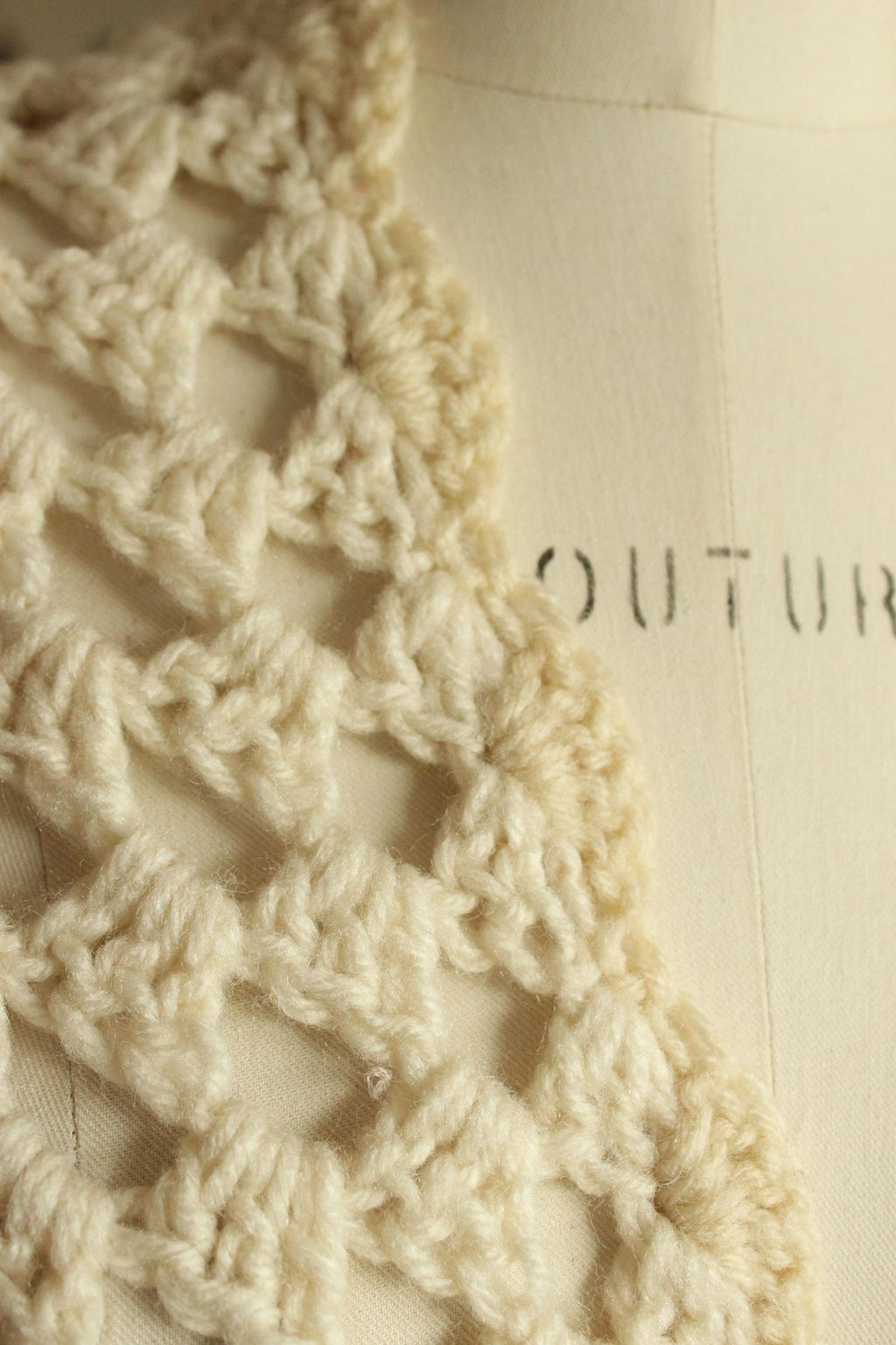 Vintage 1960s 1970s Shawl, Ivory Knit with Fringe Cape or Wrap