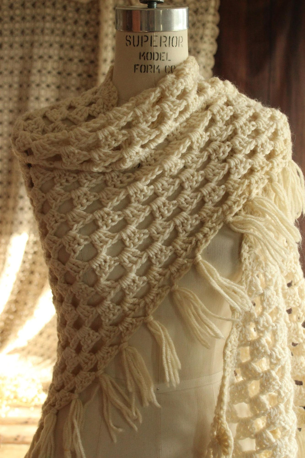 Vintage 1960s 1970s Shawl, Ivory Knit with Fringe Cape or Wrap