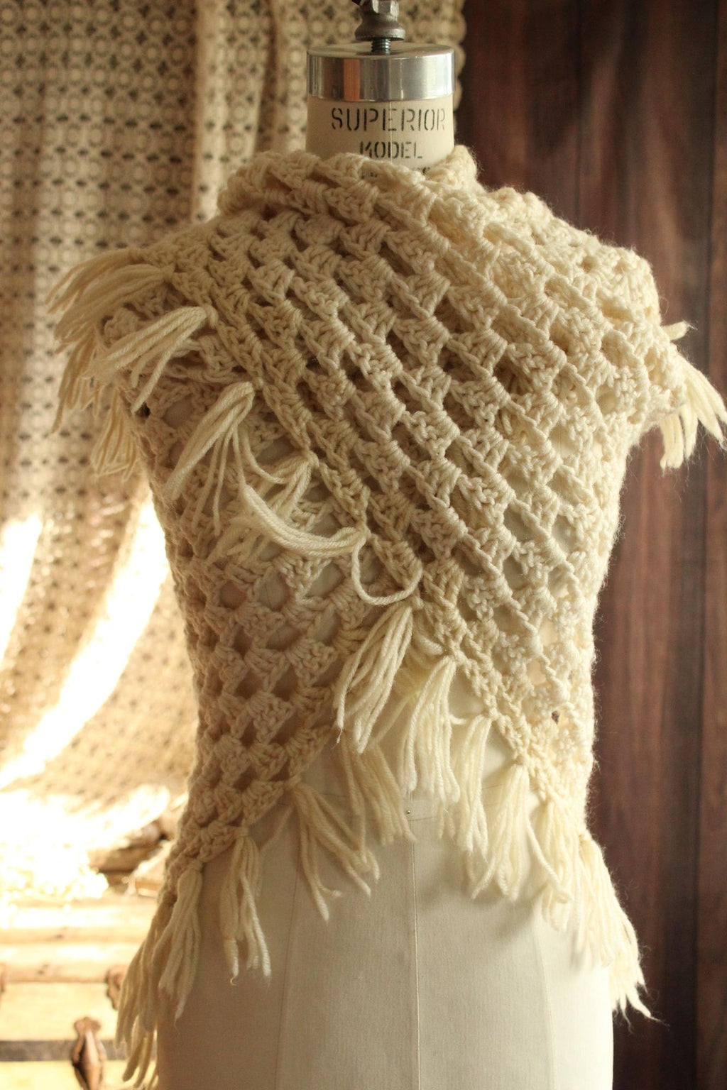 Vintage 1960s 1970s Shawl, Ivory Knit with Fringe Cape or Wrap