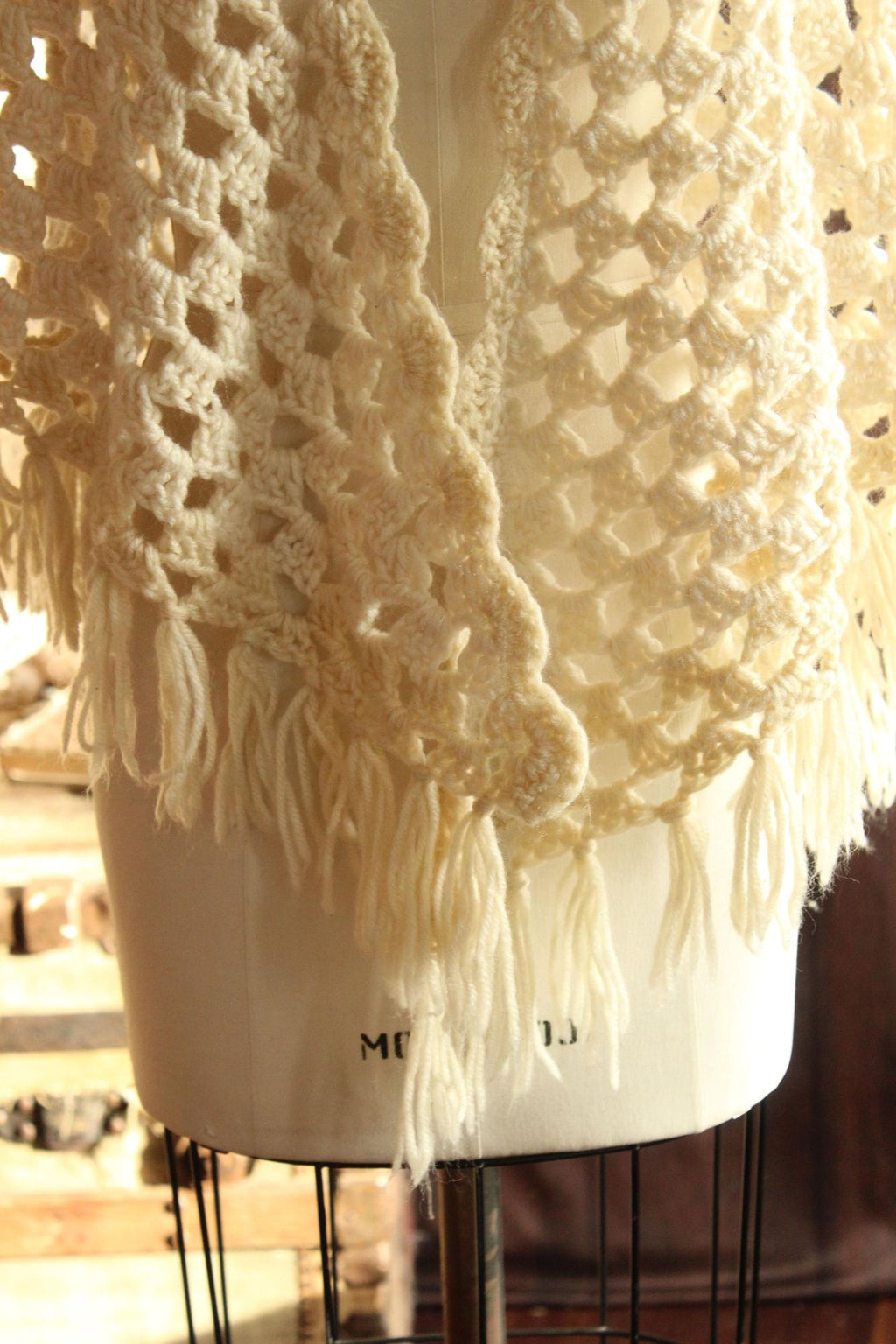 Vintage 1960s 1970s Shawl, Ivory Knit with Fringe Cape or Wrap