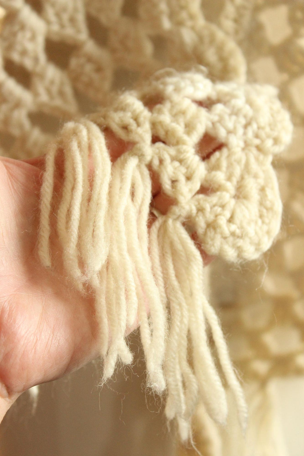 Vintage 1960s 1970s Shawl, Ivory Knit with Fringe Cape or Wrap