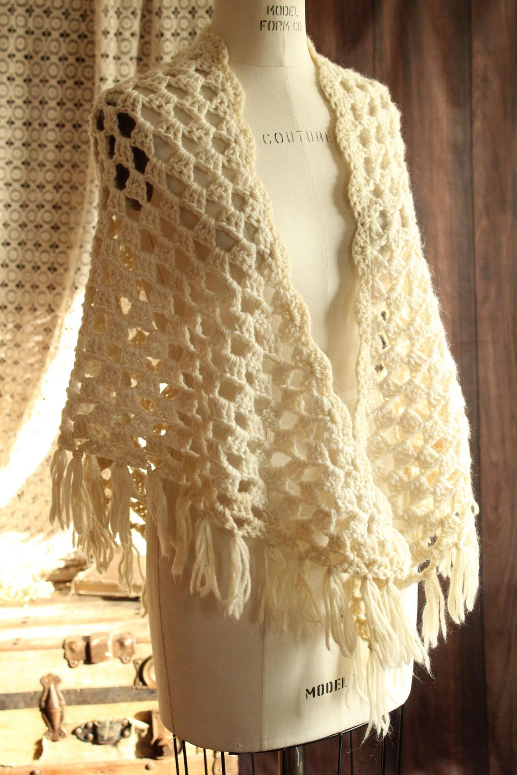 Vintage 1960s 1970s Shawl, Ivory Knit with Fringe Cape or Wrap