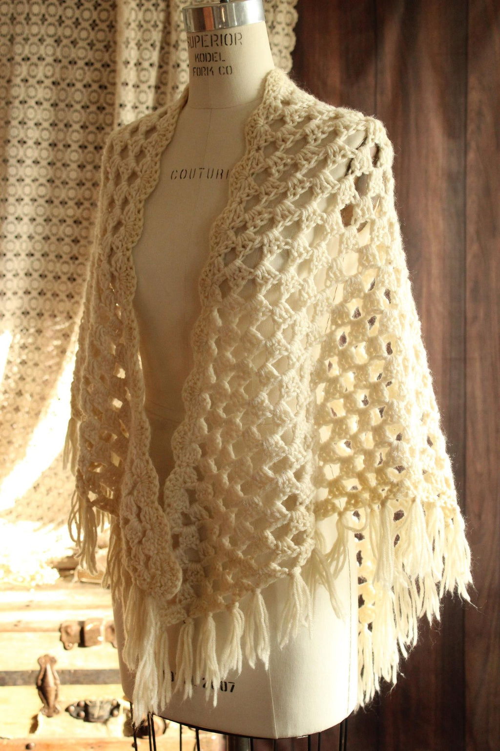 Vintage 1960s 1970s Shawl, Ivory Knit with Fringe Cape or Wrap