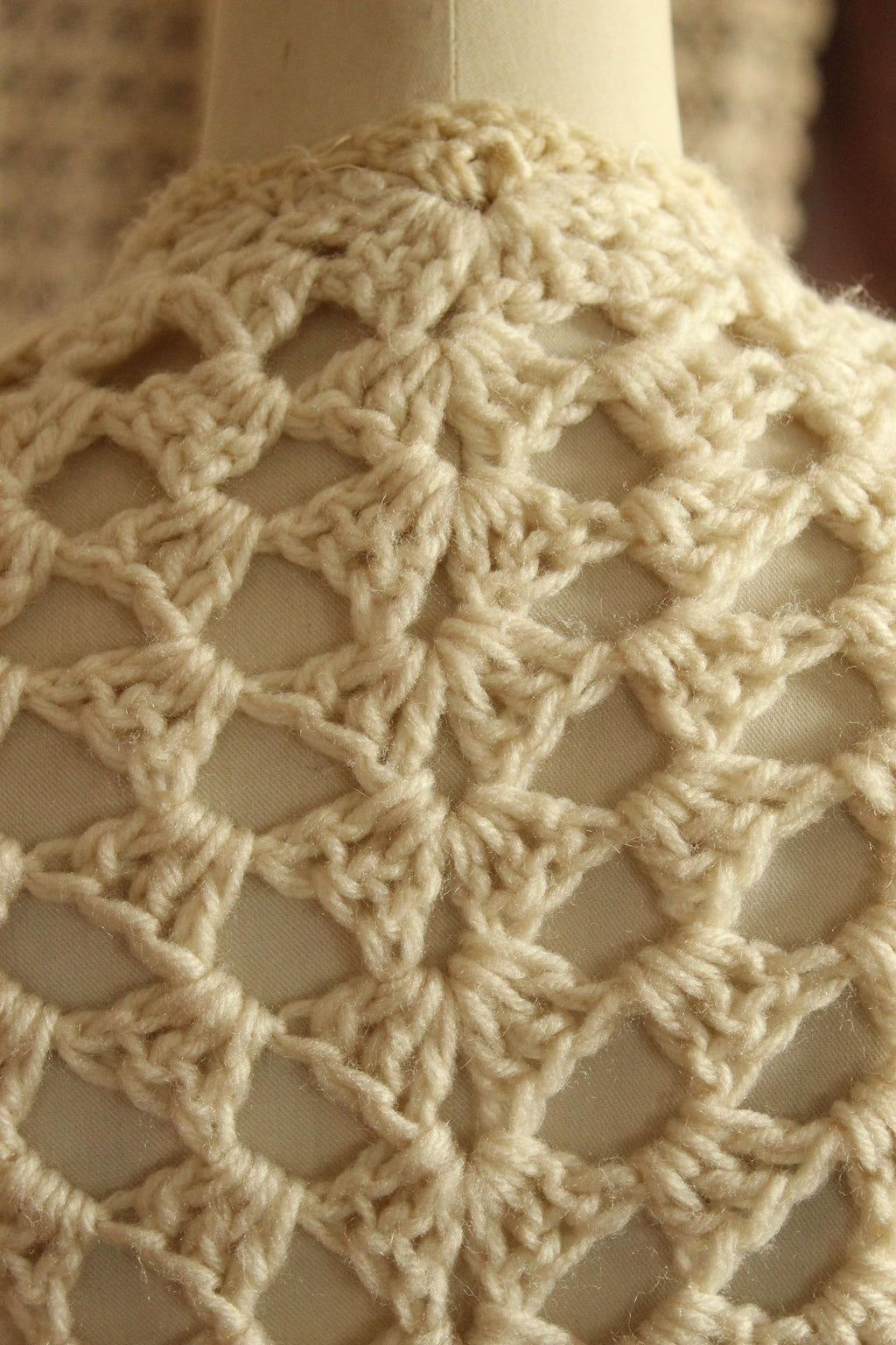Vintage 1960s 1970s Shawl, Ivory Knit with Fringe Cape or Wrap