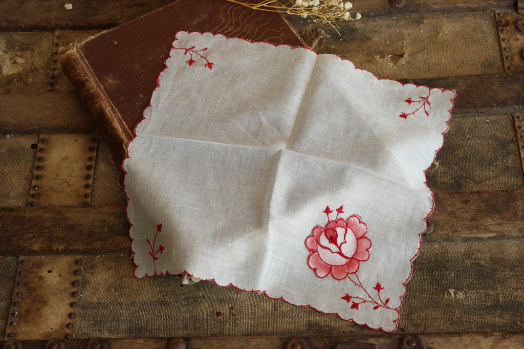Vintage Embroidered Hankie with Red Flowers