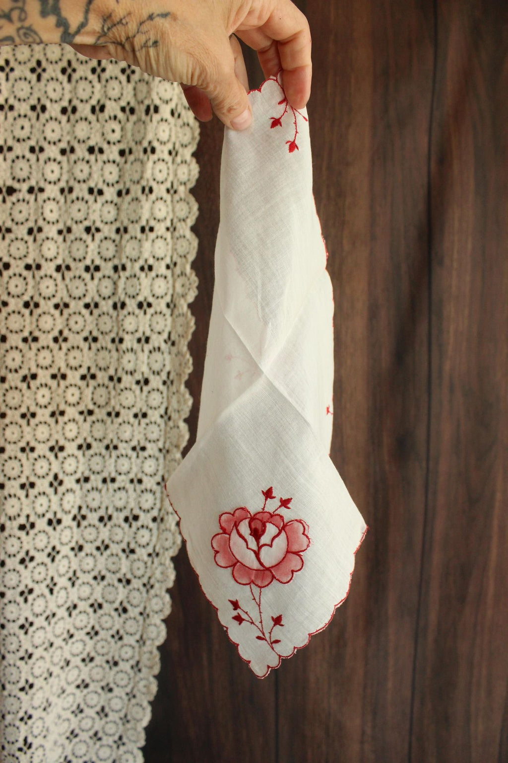 Vintage Embroidered Hankie with Red Flowers