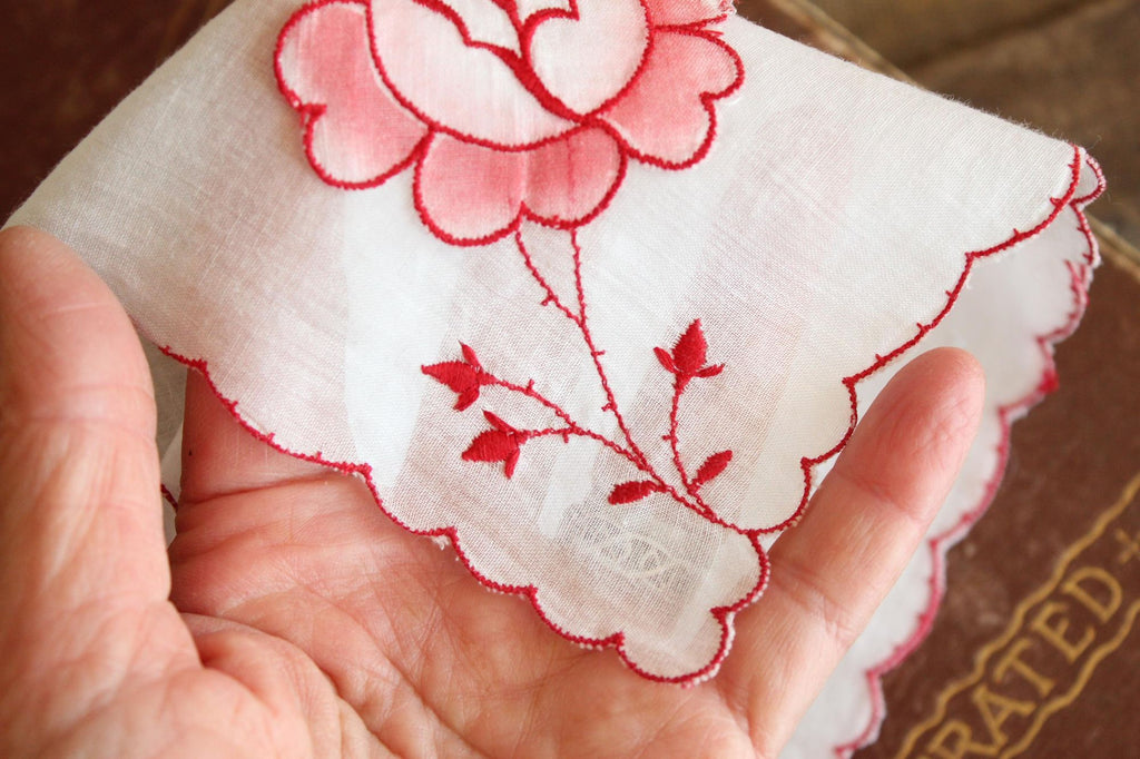 Vintage Embroidered Hankie with Red Flowers