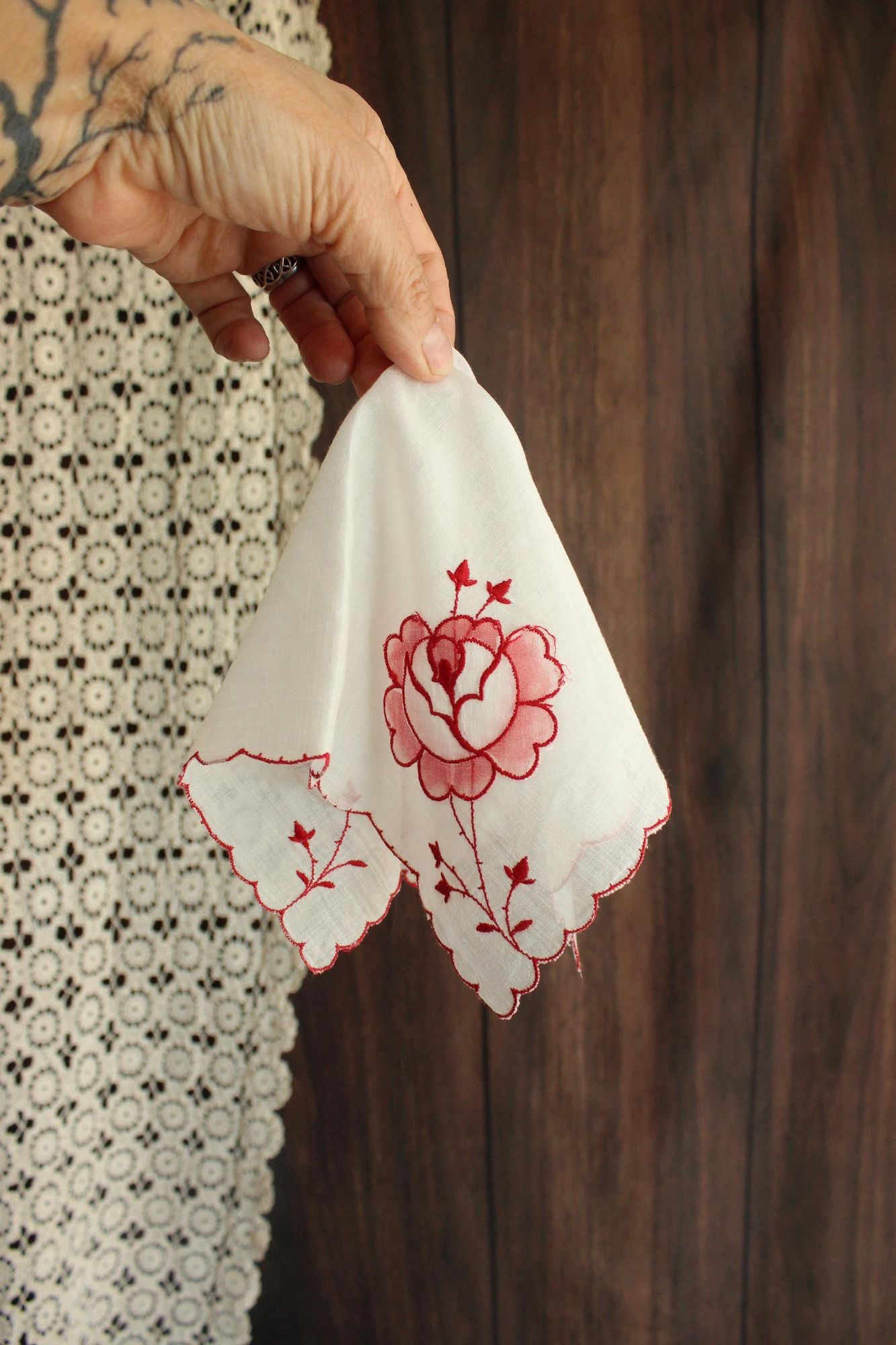 Vintage Embroidered Hankie with Red Flowers