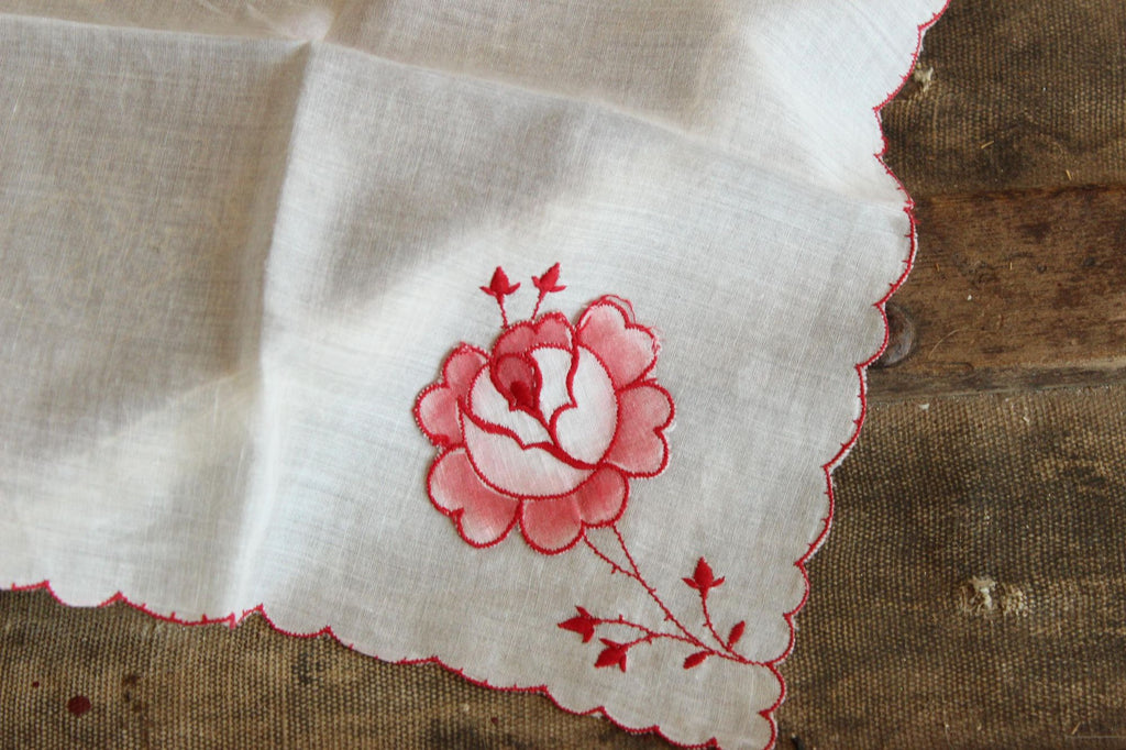 Vintage Embroidered Hankie with Red Flowers