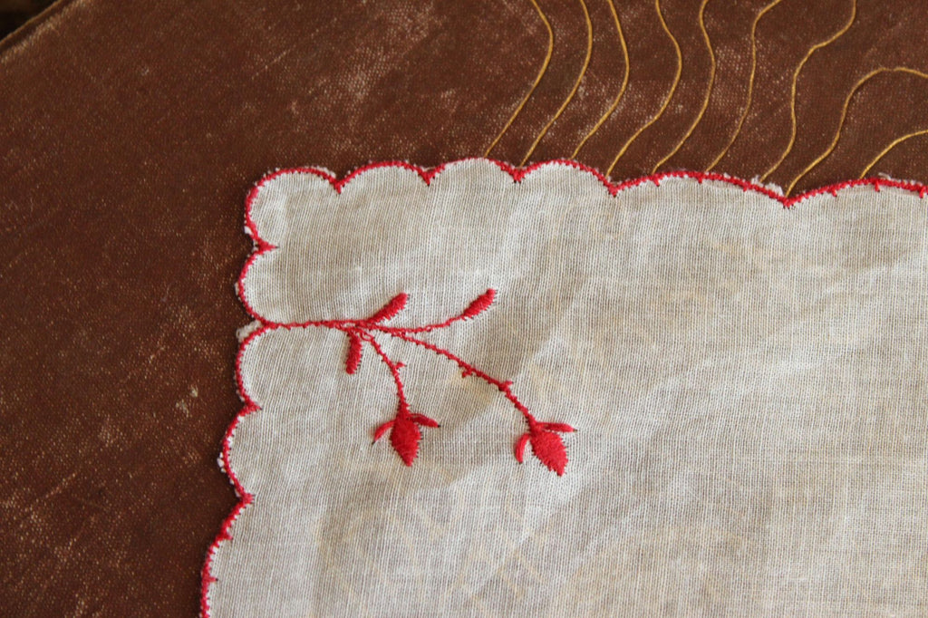 Vintage Embroidered Hankie with Red Flowers