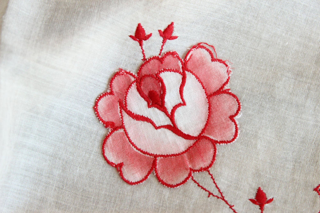 Vintage Embroidered Hankie with Red Flowers