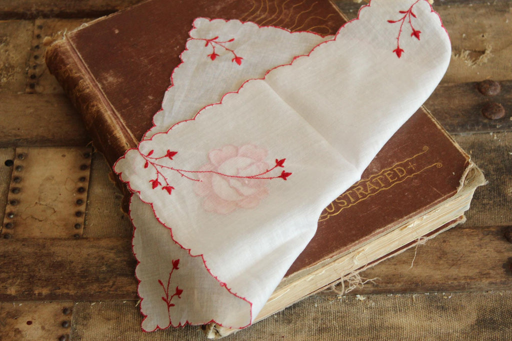 Vintage Embroidered Hankie with Red Flowers