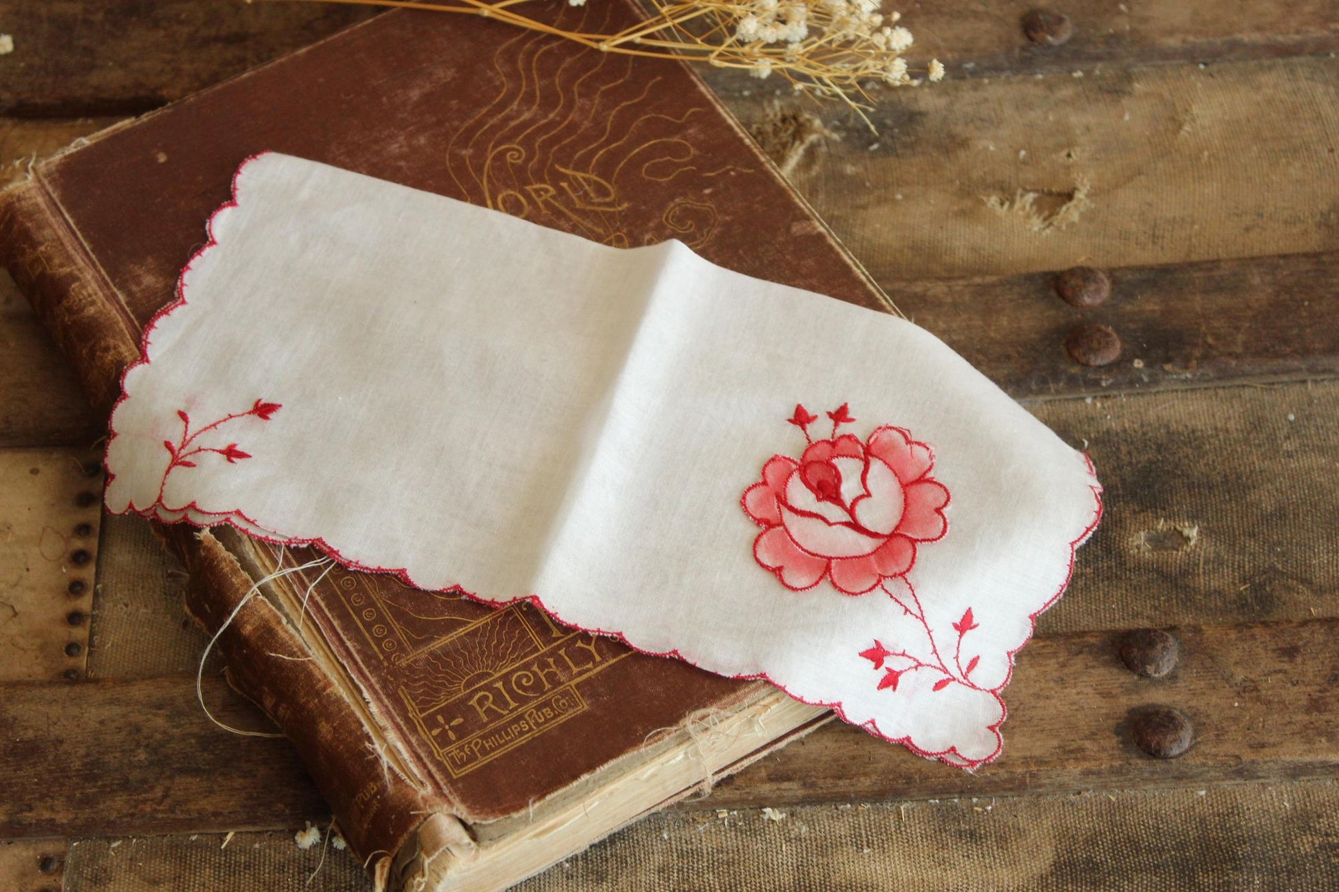 Vintage Embroidered Hankie with Red Flowers