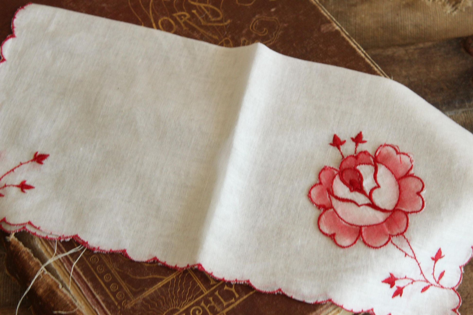 Vintage Embroidered Hankie with Red Flowers