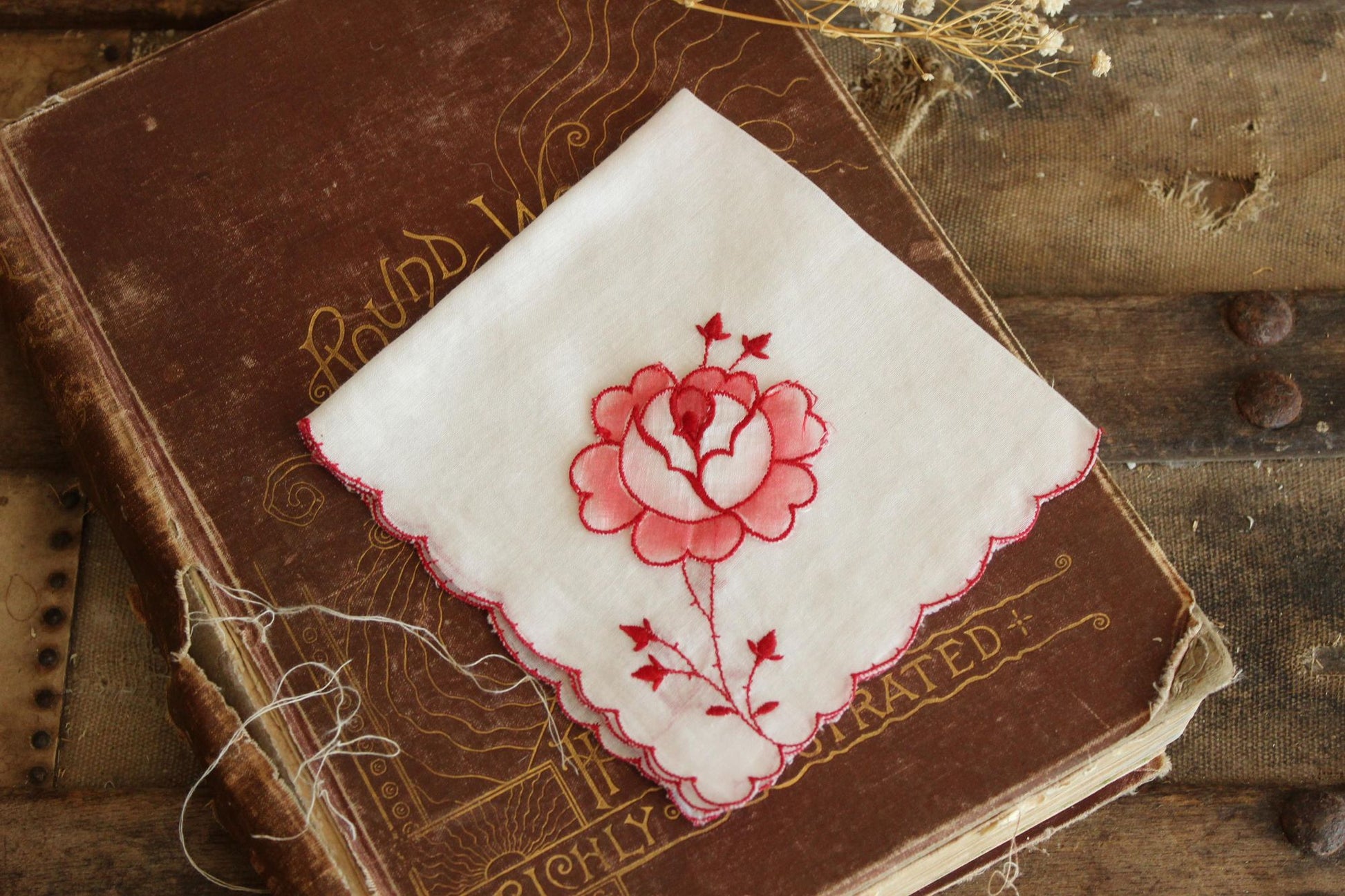 Vintage Embroidered Hankie with Red Flowers
