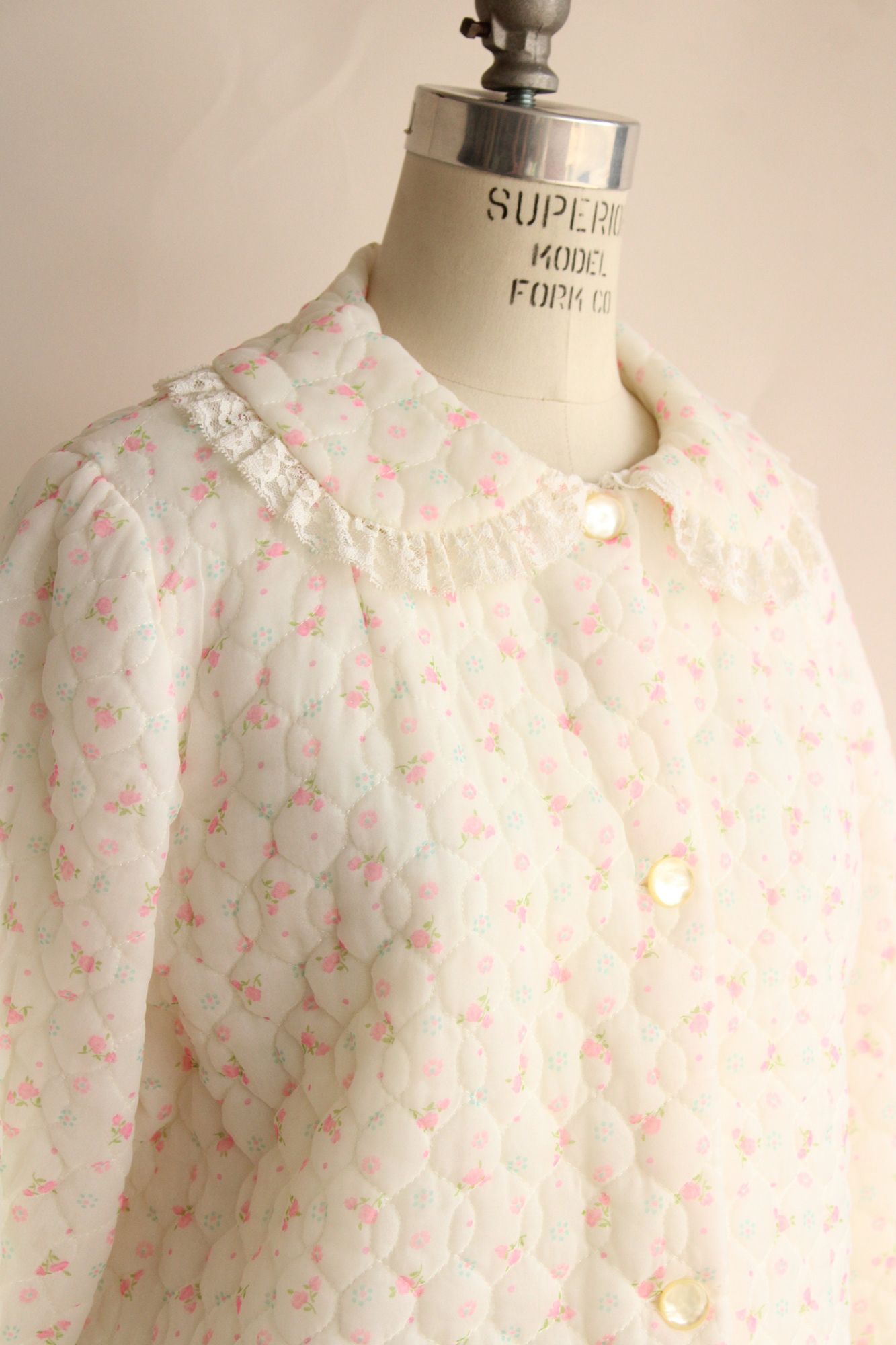 Vintage 1960s  Nanette Pink and White Quilted Bed Jacket