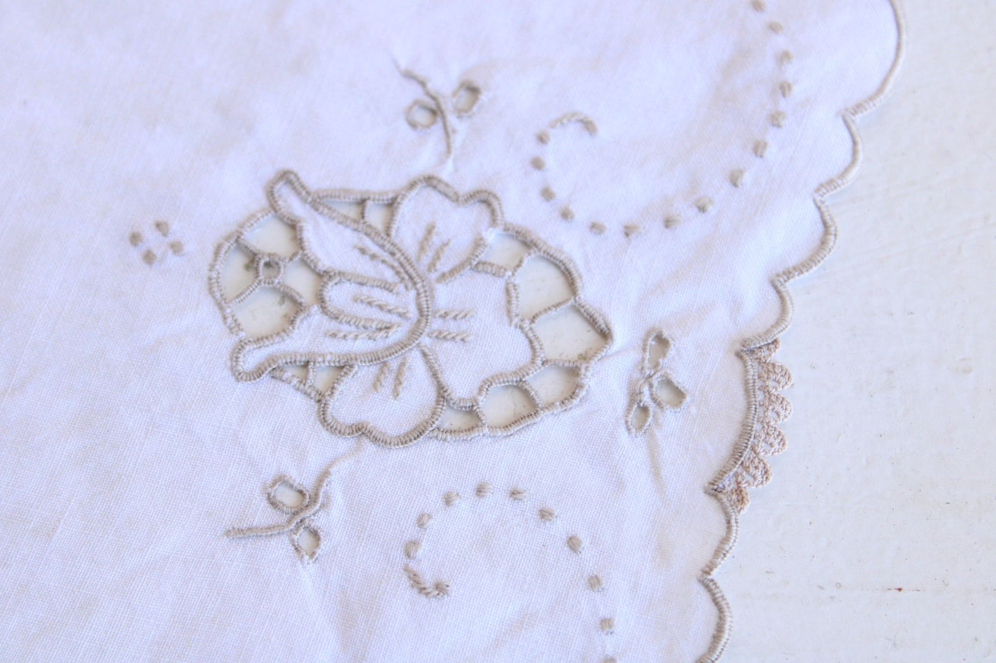 Vintage 1930s Linen Placemat or Doily, Beige With Embroidery