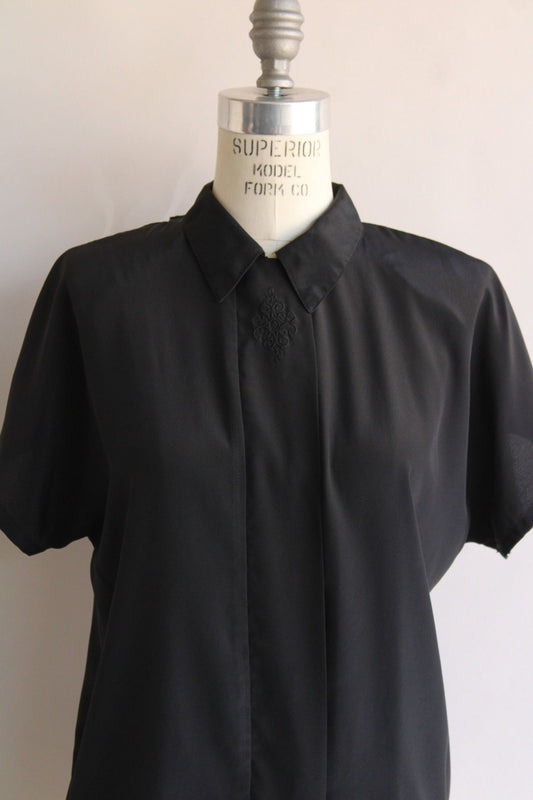 Vintage 1980s Black Embroidered Blouse with Shoulder Pads