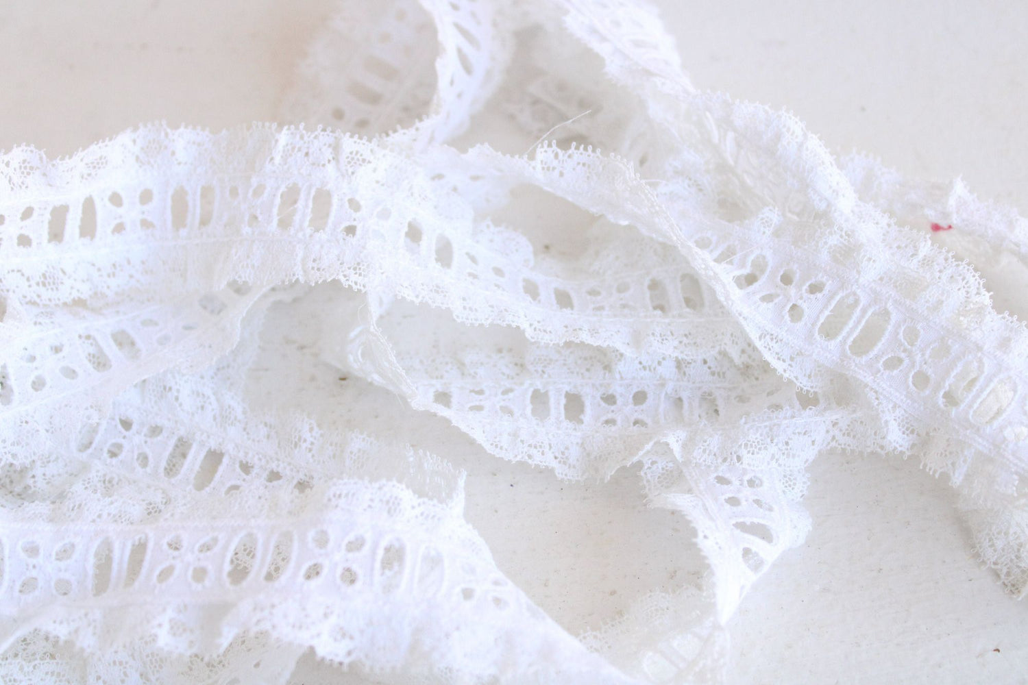 Vintage White Ruffled Lace Trim, Ribbon Insert, 1.25 wide, 3