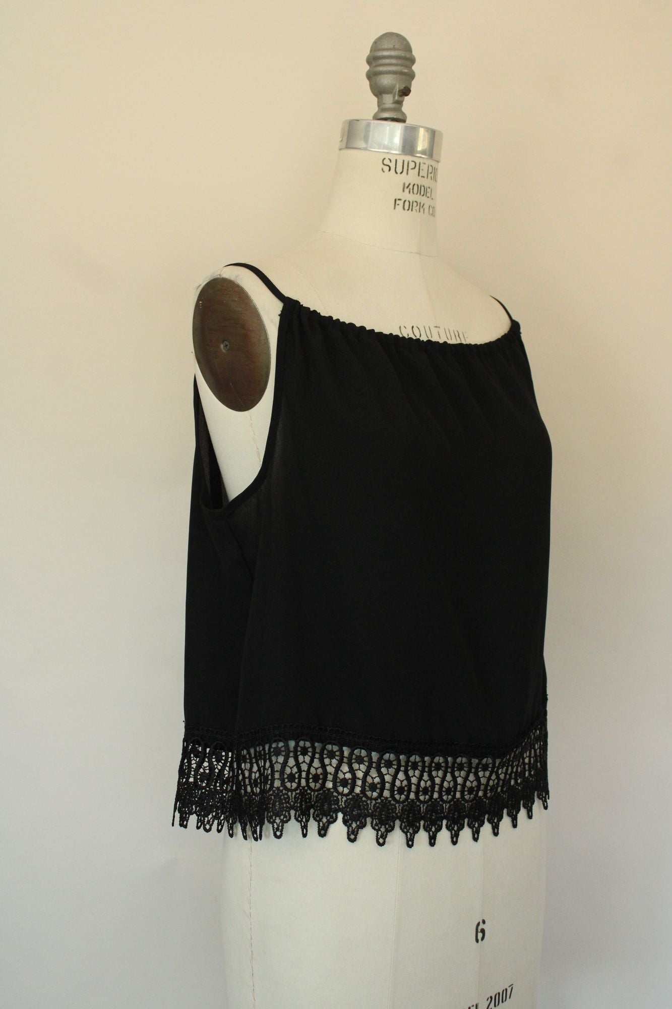 Oboe Womens Top, Black Spaghetti Strap, Size Large, Lace Trim