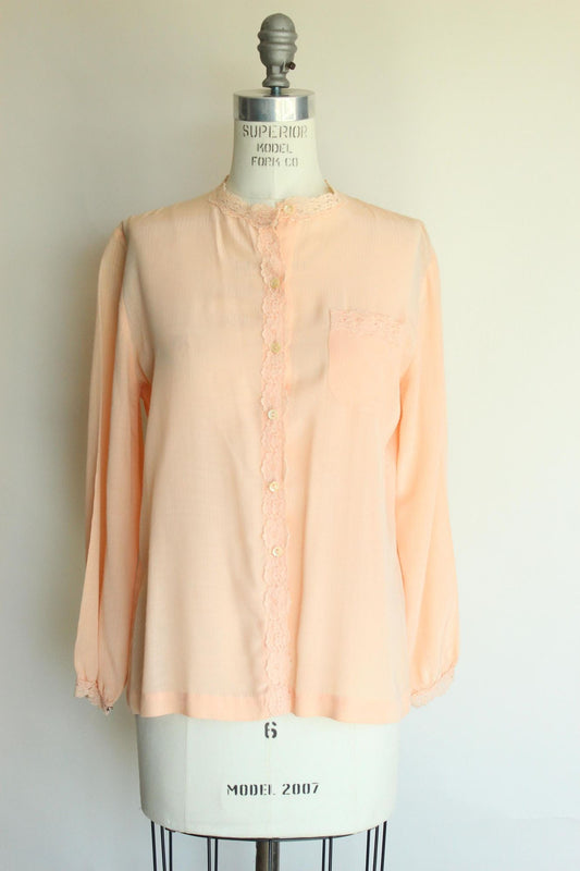 Vintage 1970s 1980s Miss Capri Peach Shirt with Lace Trim