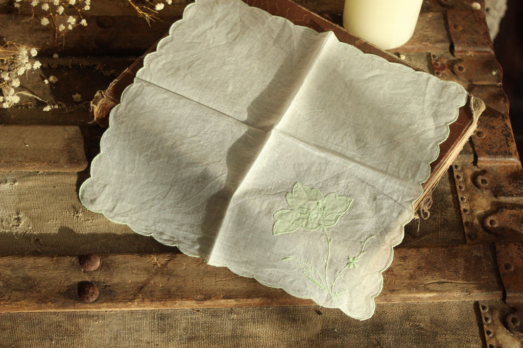 Vintage Green Flower Applique and Embroidery on White Linen Hankie