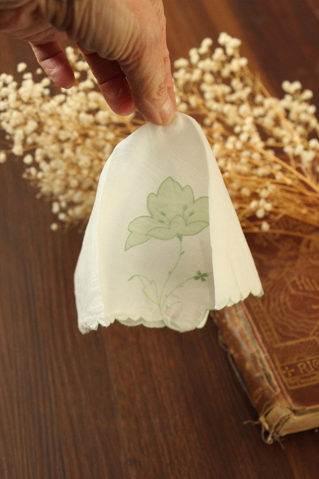 Vintage Green Flower Applique and Embroidery on White Linen Hankie