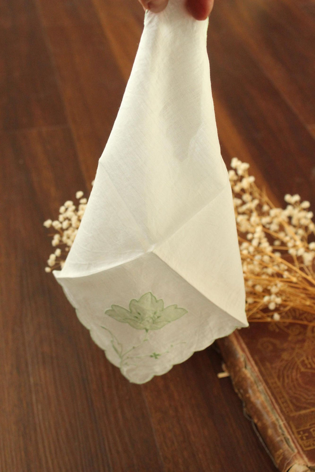 Vintage Green Flower Applique and Embroidery on White Linen Hankie
