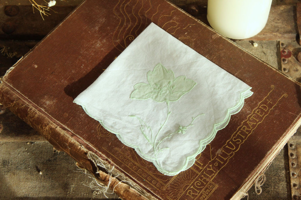 Vintage Green Flower Applique and Embroidery on White Linen Hankie