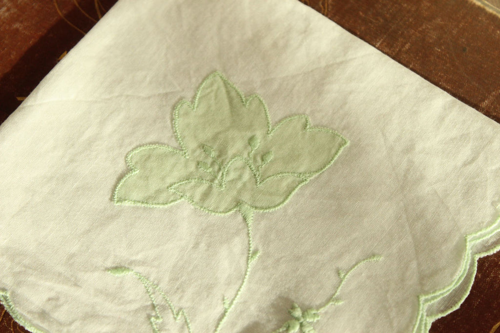 Vintage Green Flower Applique and Embroidery on White Linen Hankie