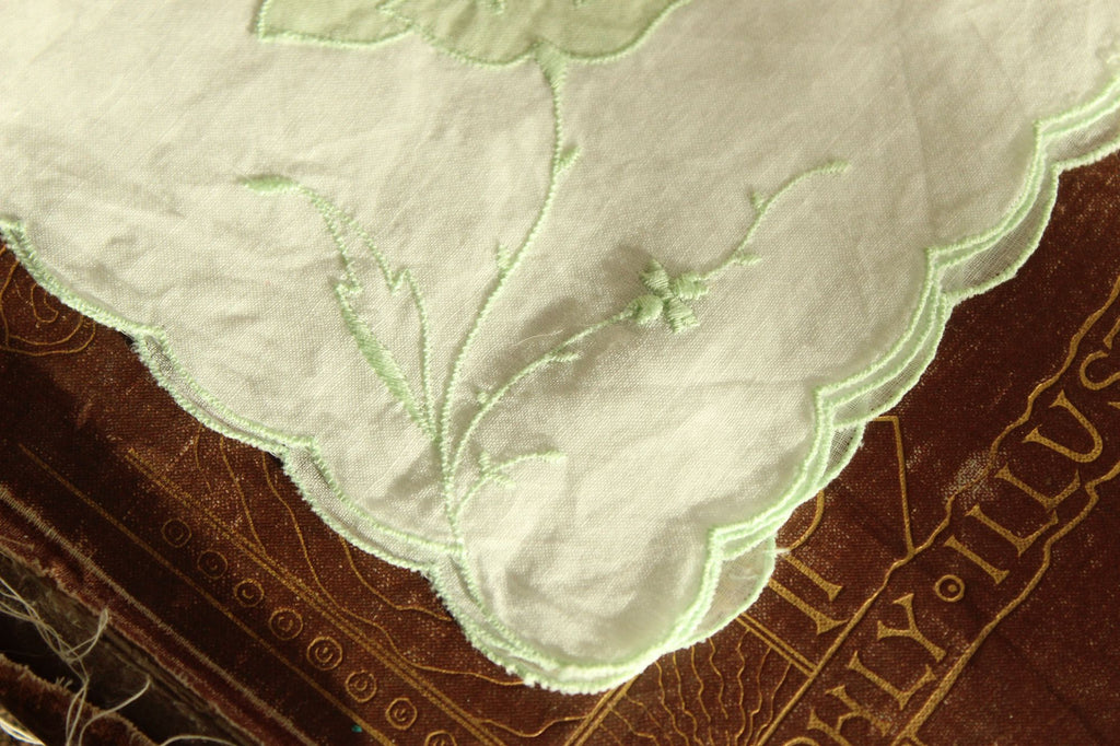 Vintage Green Flower Applique and Embroidery on White Linen Hankie