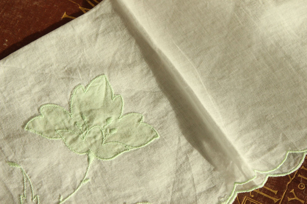 Vintage Green Flower Applique and Embroidery on White Linen Hankie