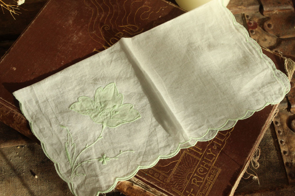Vintage Green Flower Applique and Embroidery on White Linen Hankie