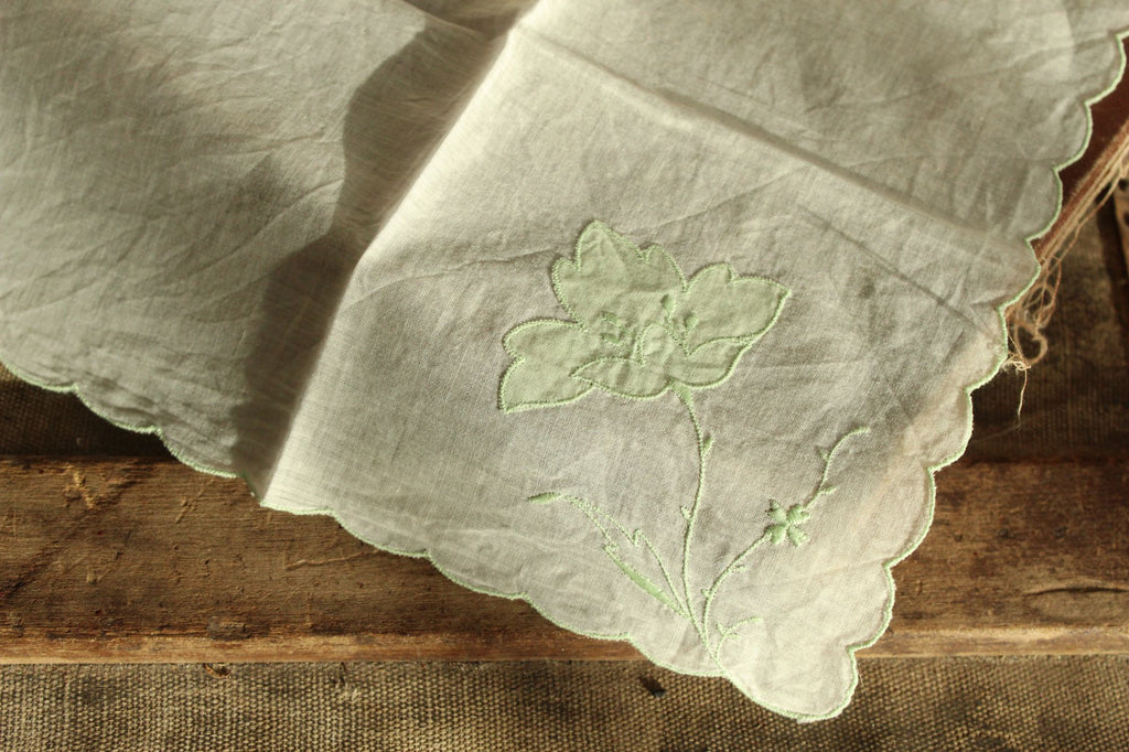 Vintage Green Flower Applique and Embroidery on White Linen Hankie