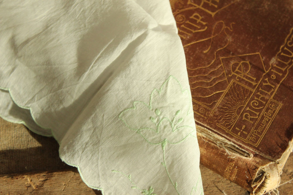 Vintage Green Flower Applique and Embroidery on White Linen Hankie