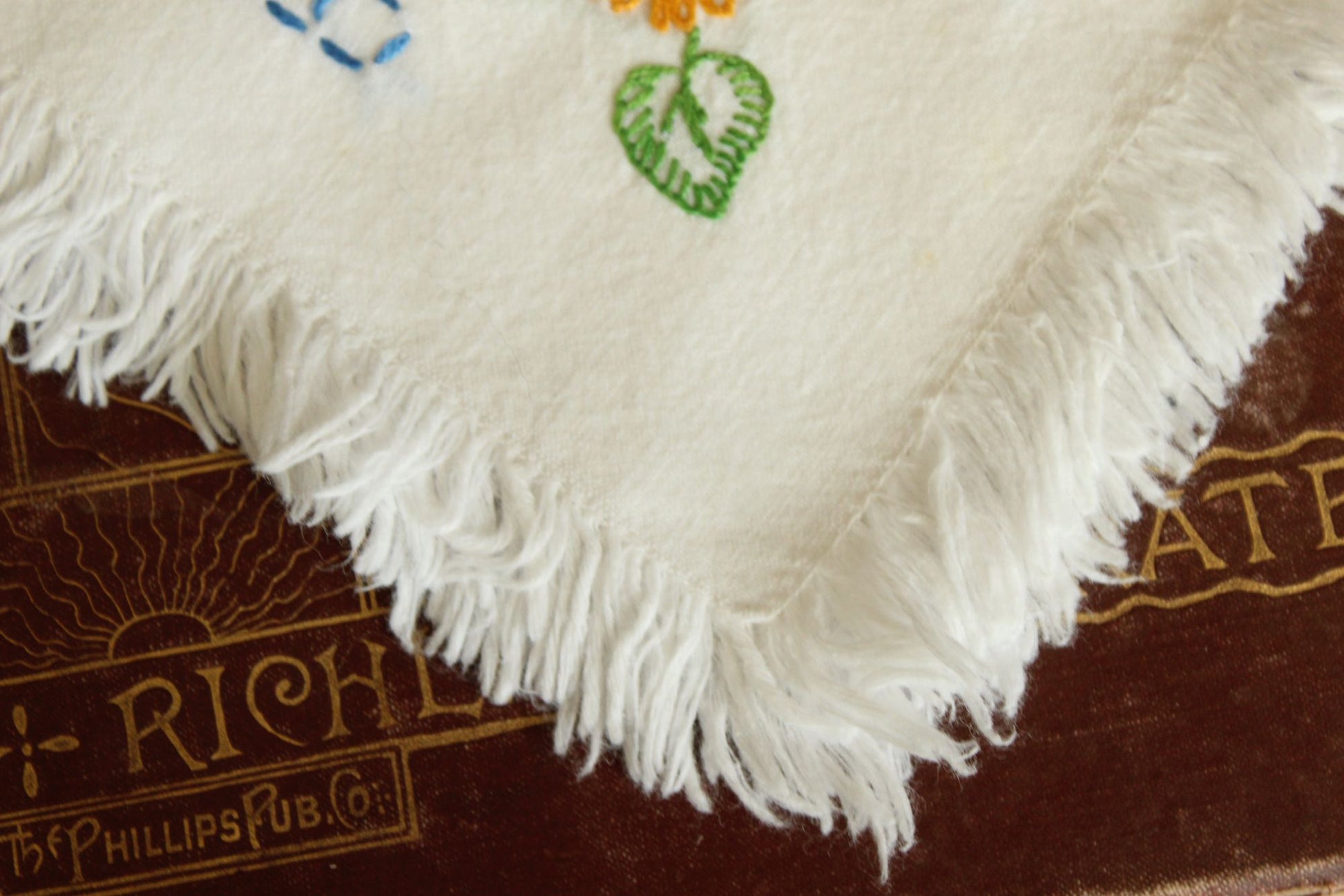 Vintage 1960s 1970s White Cotton With Embroidered Flowers and Fringe Hankie