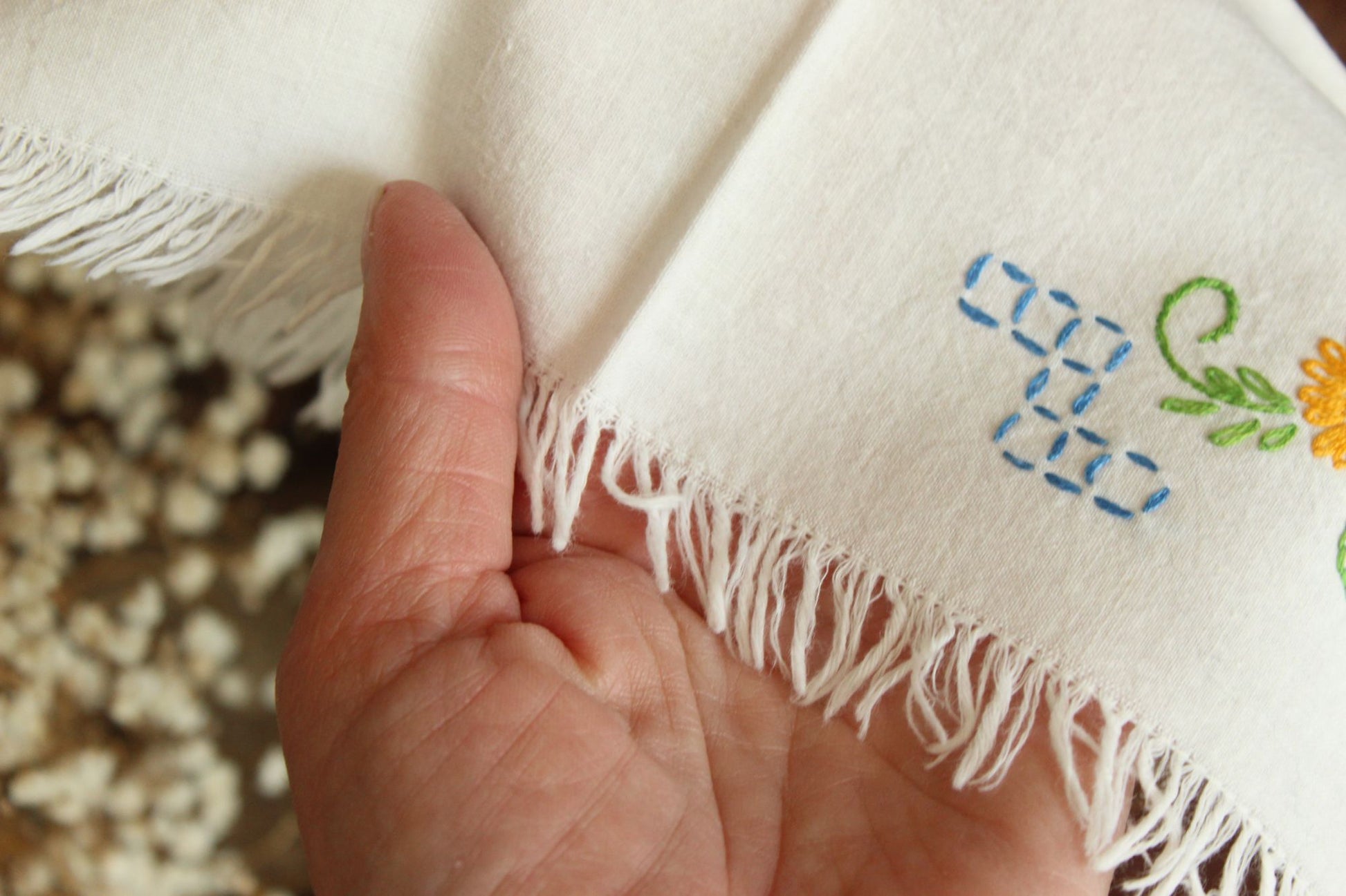 Vintage 1960s 1970s White Cotton With Embroidered Flowers and Fringe Hankie